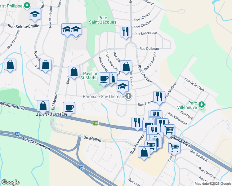 map of restaurants, bars, coffee shops, grocery stores, and more near 2748 Rue Lafrance in Saguenay