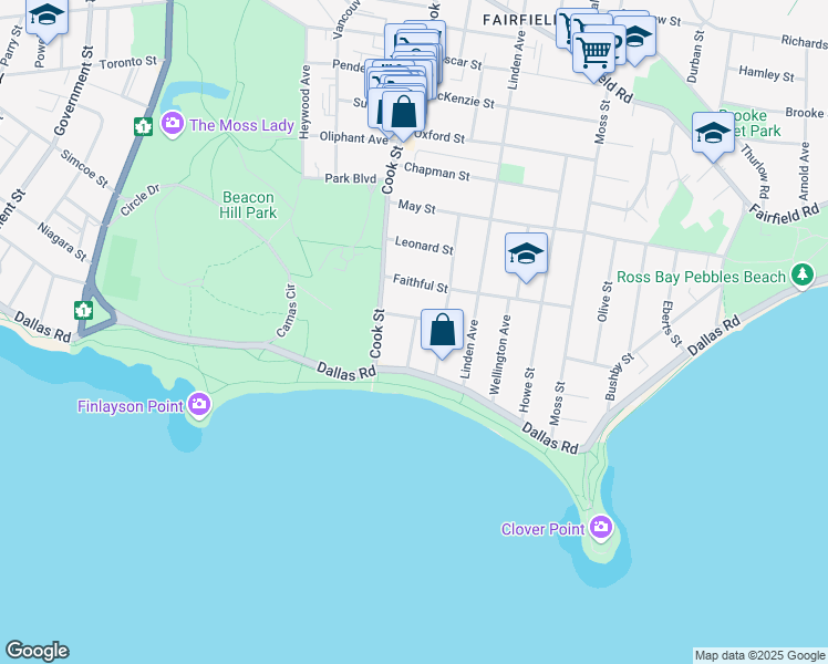 map of restaurants, bars, coffee shops, grocery stores, and more near Marlborough Street in Victoria
