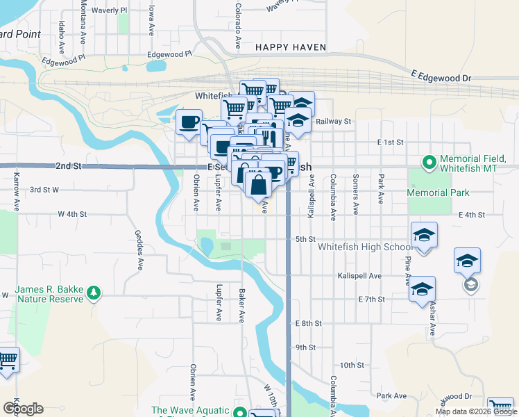 map of restaurants, bars, coffee shops, grocery stores, and more near 419 East 3rd Street in Whitefish