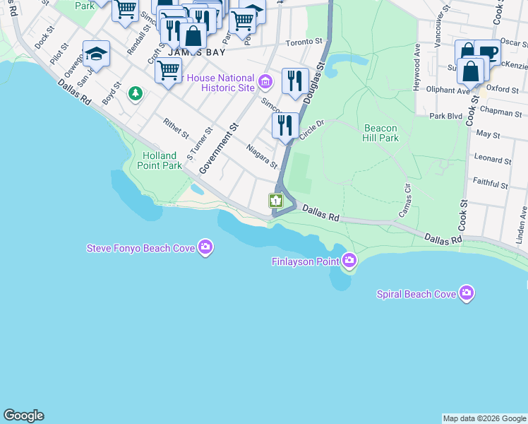 map of restaurants, bars, coffee shops, grocery stores, and more near in Victoria