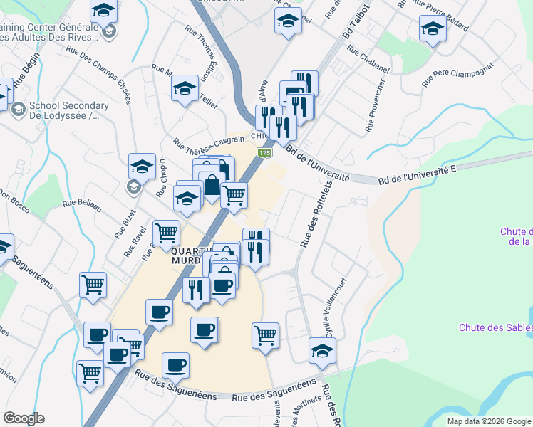 map of restaurants, bars, coffee shops, grocery stores, and more near 1186 Rue Lorenzo Genest in Saguenay
