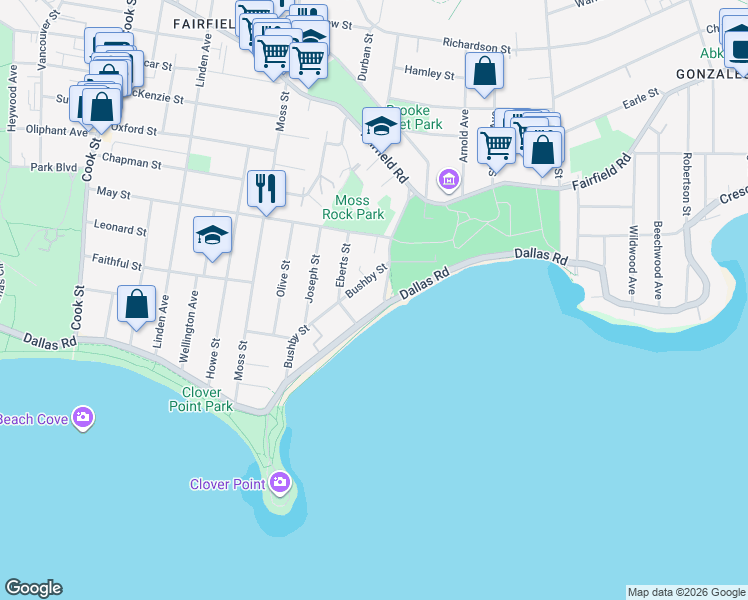 map of restaurants, bars, coffee shops, grocery stores, and more near 179 Bushby Street in Victoria