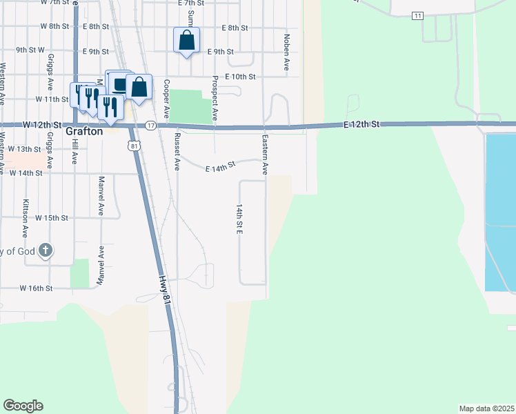 map of restaurants, bars, coffee shops, grocery stores, and more near 1445 Eastern Avenue in Grafton
