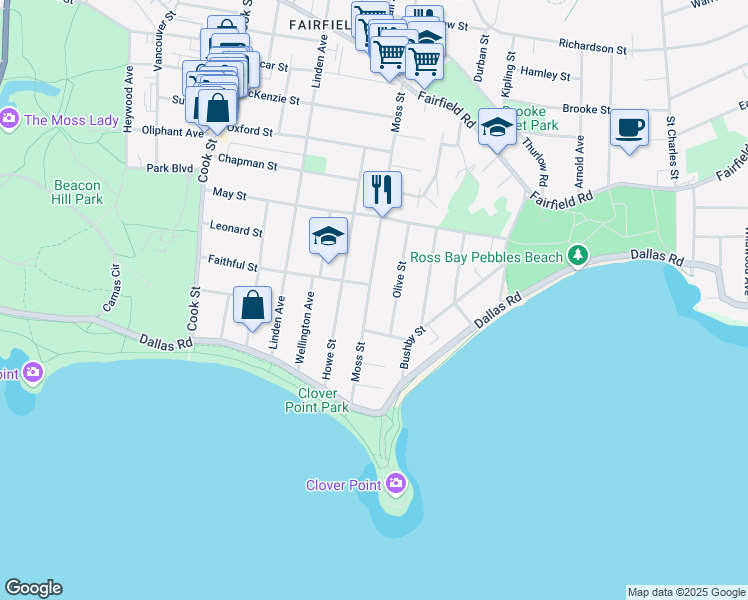 map of restaurants, bars, coffee shops, grocery stores, and more near 89 Moss Street in Victoria