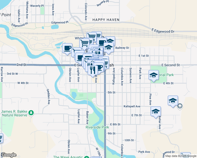 map of restaurants, bars, coffee shops, grocery stores, and more near 525 East 3rd Street in Whitefish