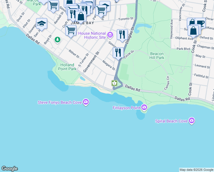 map of restaurants, bars, coffee shops, grocery stores, and more near in Victoria
