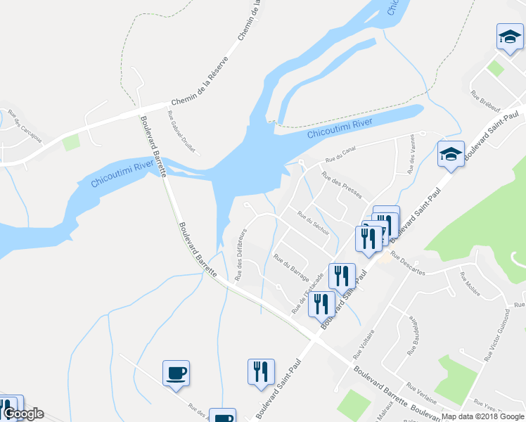 map of restaurants, bars, coffee shops, grocery stores, and more near 940 Rue des Défibreurs in Saguenay