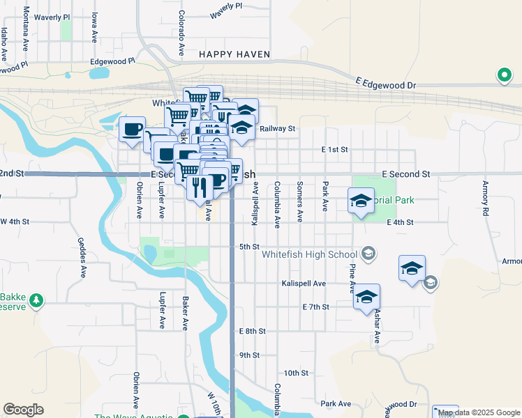 map of restaurants, bars, coffee shops, grocery stores, and more near 304 Columbia Avenue in Whitefish