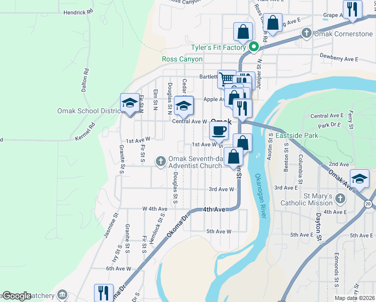 map of restaurants, bars, coffee shops, grocery stores, and more near 104 South Cedar Street in Omak