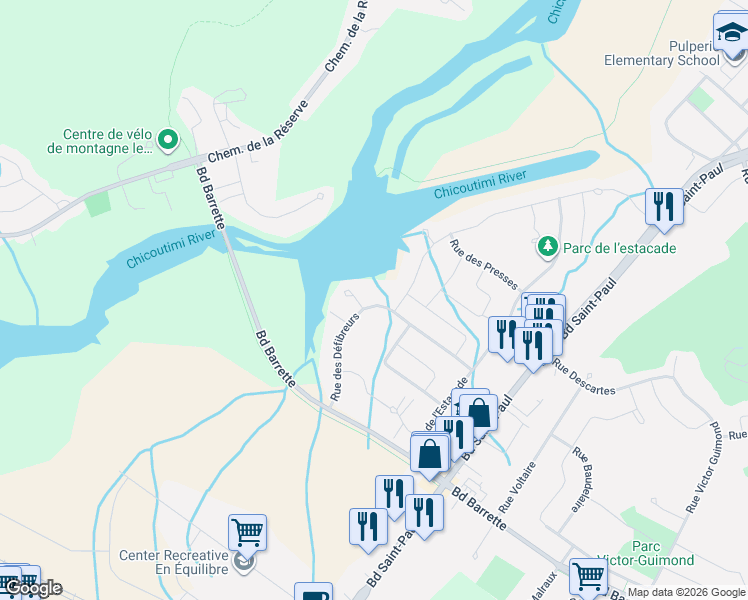 map of restaurants, bars, coffee shops, grocery stores, and more near 938 Rue des Défibreurs in Saguenay