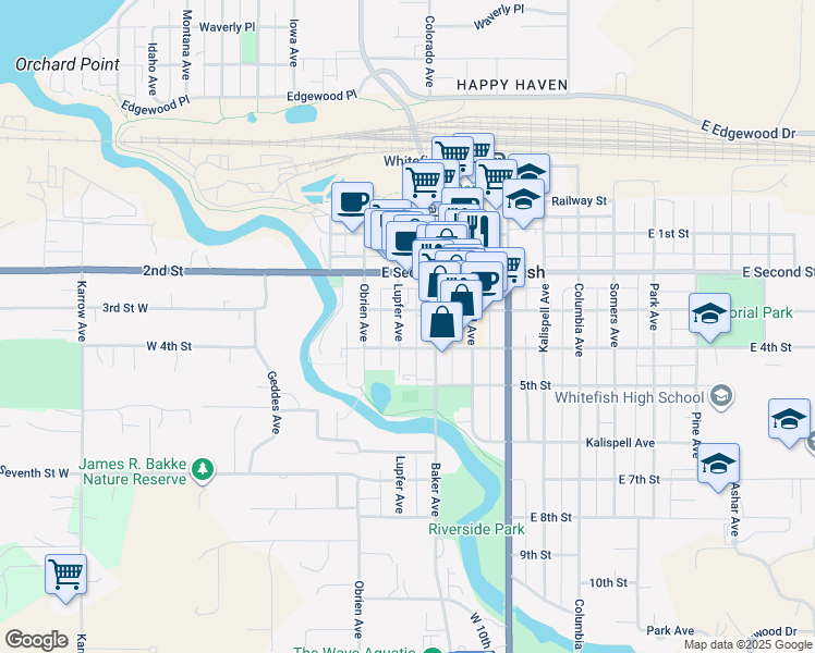 map of restaurants, bars, coffee shops, grocery stores, and more near 317 Lupfer Avenue in Whitefish