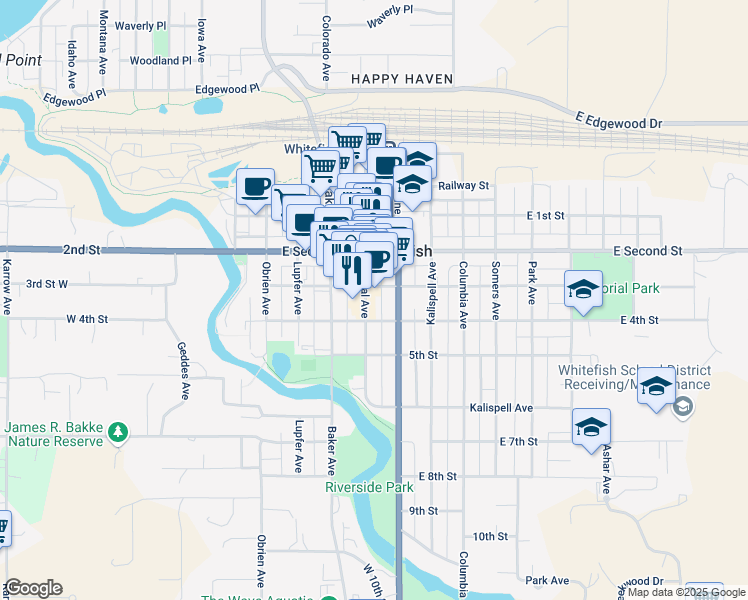 map of restaurants, bars, coffee shops, grocery stores, and more near 525 East 3rd Street in Whitefish