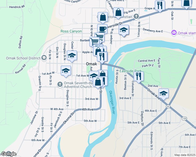 map of restaurants, bars, coffee shops, grocery stores, and more near 104 South Main Street in Omak
