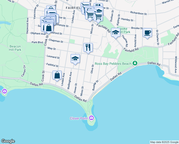 map of restaurants, bars, coffee shops, grocery stores, and more near 136 Olive Street in Victoria