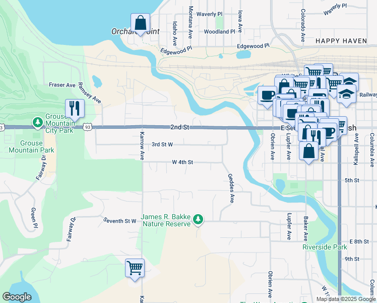 map of restaurants, bars, coffee shops, grocery stores, and more near 241 3rd Street West in Whitefish