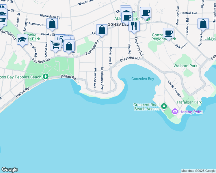 map of restaurants, bars, coffee shops, grocery stores, and more near 118 Robertson Street in Victoria