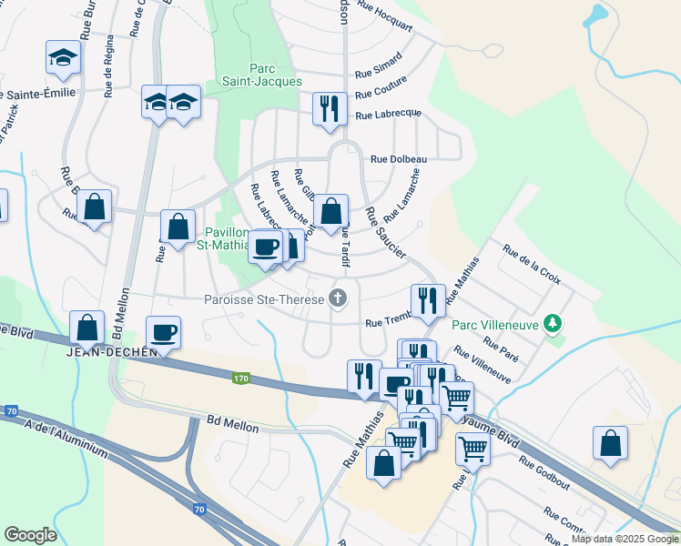map of restaurants, bars, coffee shops, grocery stores, and more near 2300 Rue Tardif in Saguenay