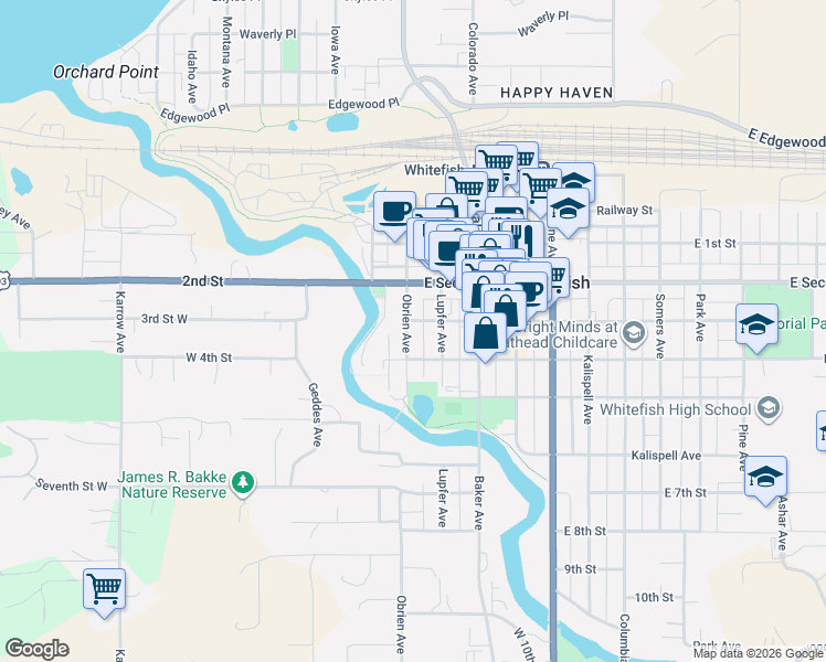 map of restaurants, bars, coffee shops, grocery stores, and more near 303 Obrien Avenue in Whitefish