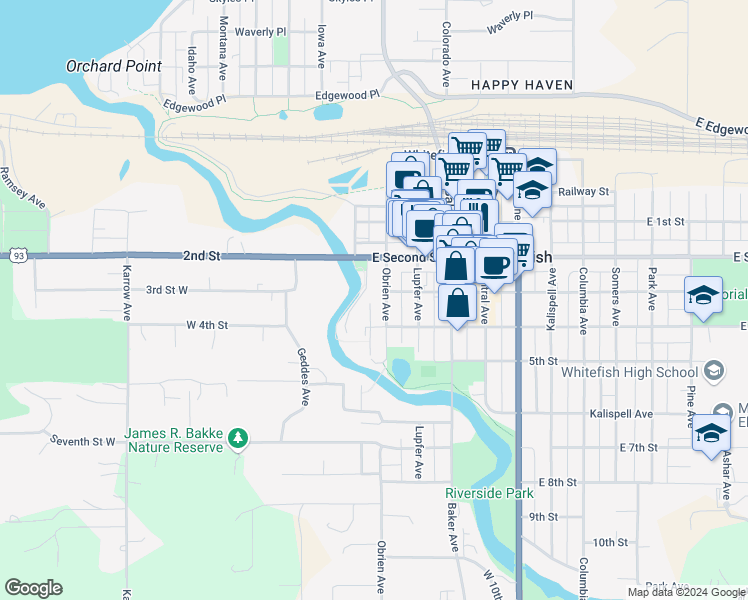 map of restaurants, bars, coffee shops, grocery stores, and more near 306 Obrien Avenue in Whitefish