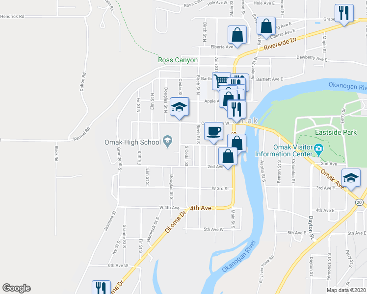 map of restaurants, bars, coffee shops, grocery stores, and more near 104 South Cedar Street in Omak