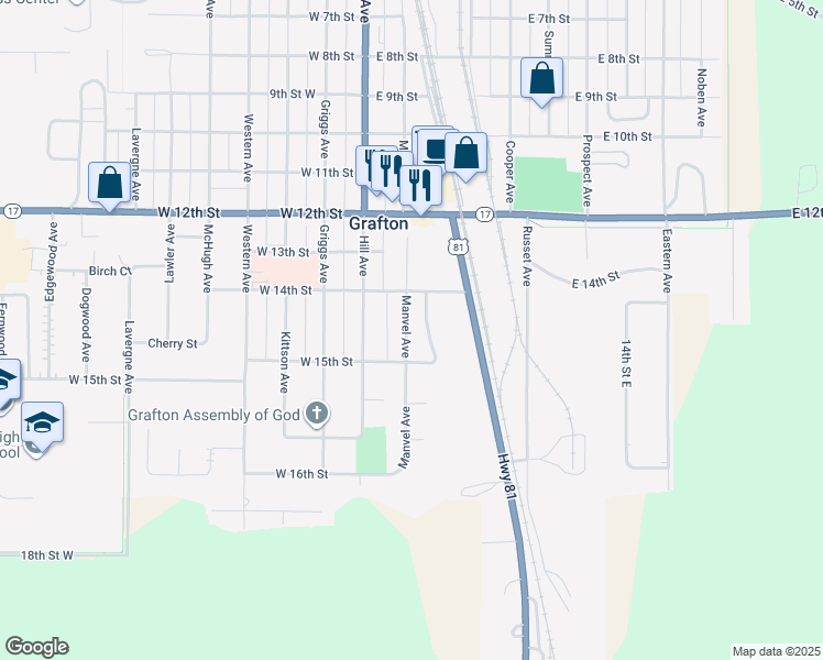 map of restaurants, bars, coffee shops, grocery stores, and more near 1401-1499 Manvel Avenue in Grafton