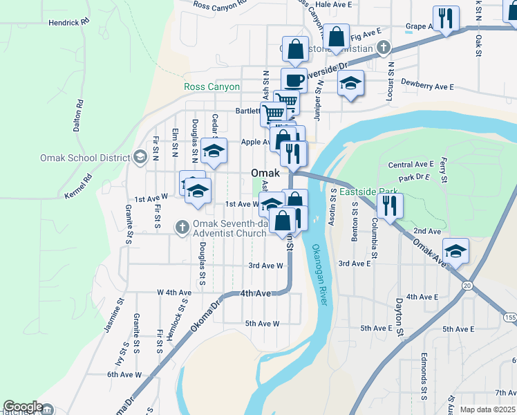 map of restaurants, bars, coffee shops, grocery stores, and more near 102 Ash Street North in Omak