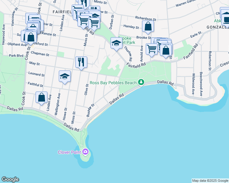 map of restaurants, bars, coffee shops, grocery stores, and more near 179 Bushby Street in Victoria