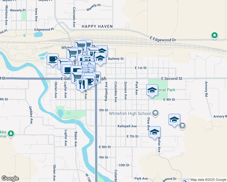 map of restaurants, bars, coffee shops, grocery stores, and more near 304 Columbia Avenue in Whitefish