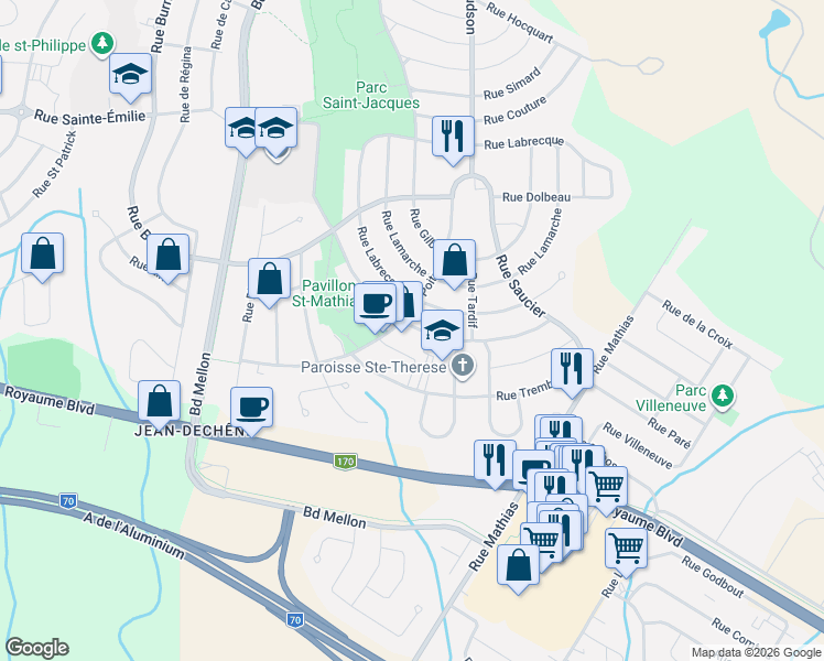 map of restaurants, bars, coffee shops, grocery stores, and more near 2316 Rue Larouche in Saguenay