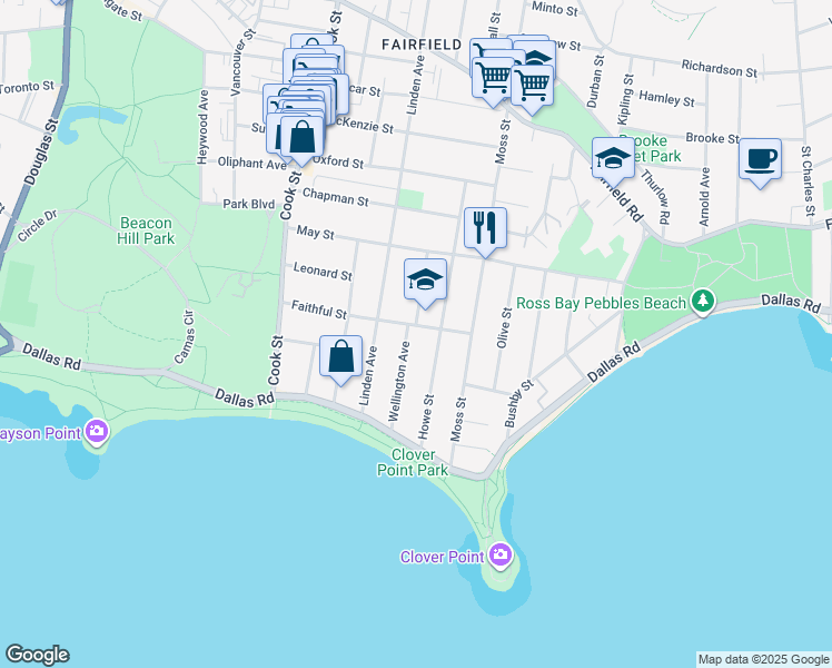 map of restaurants, bars, coffee shops, grocery stores, and more near 95 Wellington Avenue in Victoria