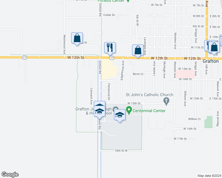 map of restaurants, bars, coffee shops, grocery stores, and more near 1438 Fernwood Drive in Grafton