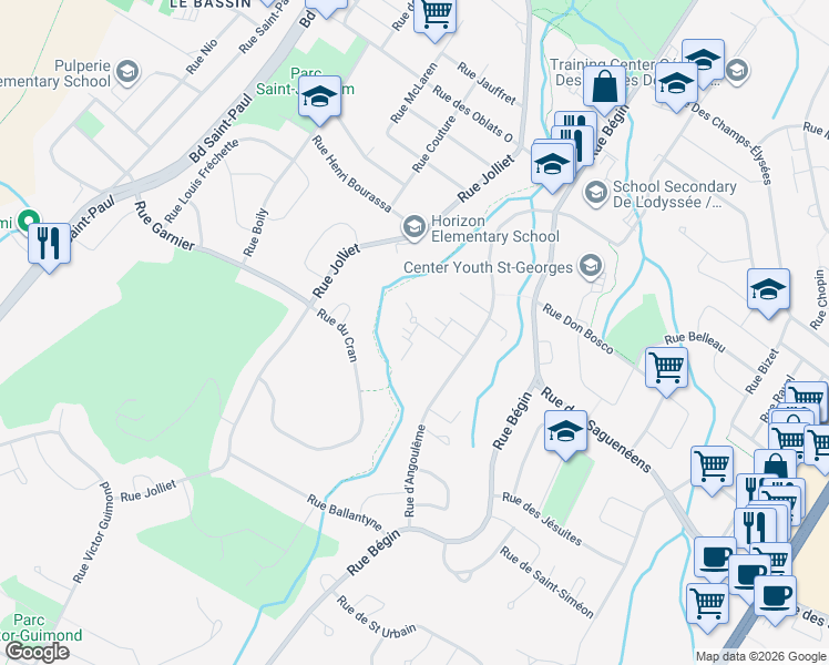 map of restaurants, bars, coffee shops, grocery stores, and more near 120 Place des Écorceurs in Saguenay