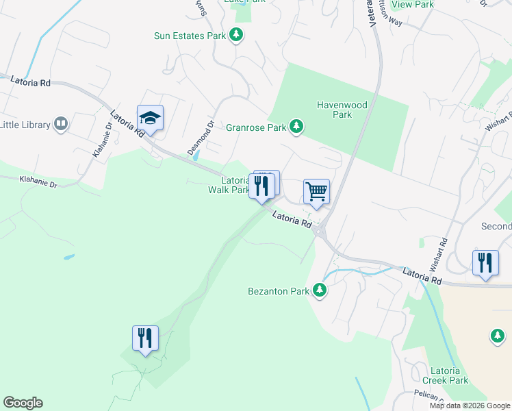 map of restaurants, bars, coffee shops, grocery stores, and more near 673 Latoria Road in Victoria