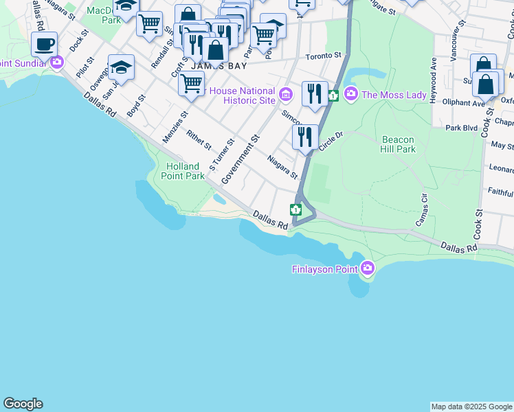 map of restaurants, bars, coffee shops, grocery stores, and more near 640 Dallas Road in Victoria