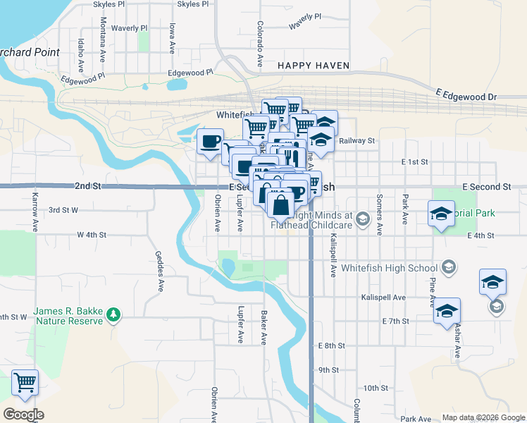 map of restaurants, bars, coffee shops, grocery stores, and more near 289 Baker Avenue in Whitefish