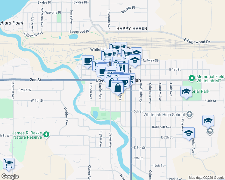 map of restaurants, bars, coffee shops, grocery stores, and more near 269 Baker Avenue in Whitefish