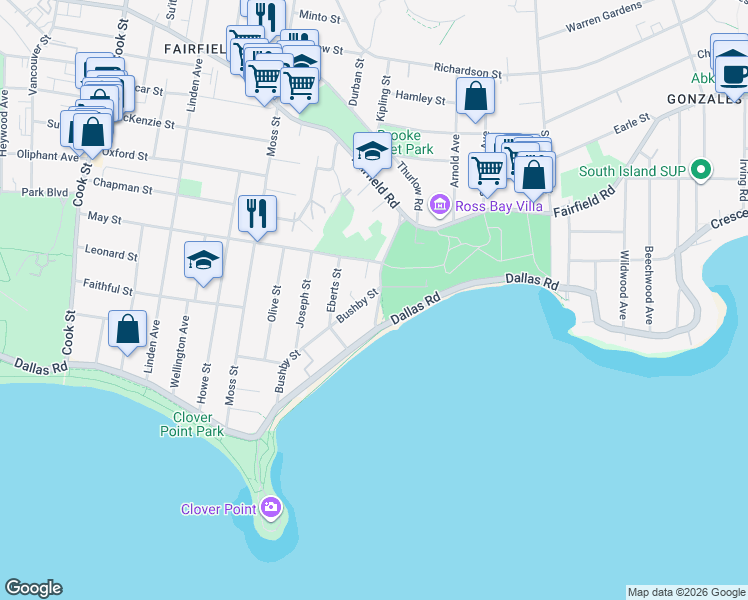 map of restaurants, bars, coffee shops, grocery stores, and more near 160 Memorial Crescent in Victoria