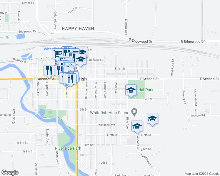 map of restaurants, bars, coffee shops, grocery stores, and more near 920 East 3rd Street in Whitefish