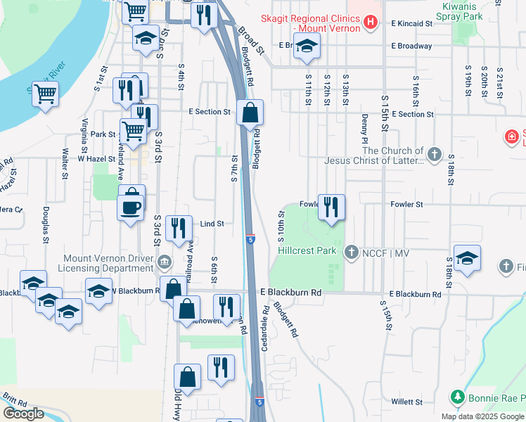 map of restaurants, bars, coffee shops, grocery stores, and more near 1610 Blodgett Road in Mount Vernon