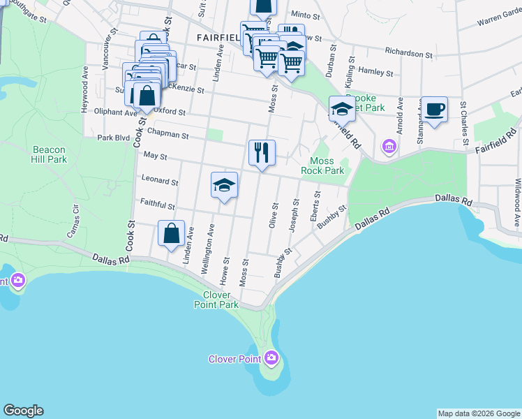 map of restaurants, bars, coffee shops, grocery stores, and more near 144 Olive Street in Victoria