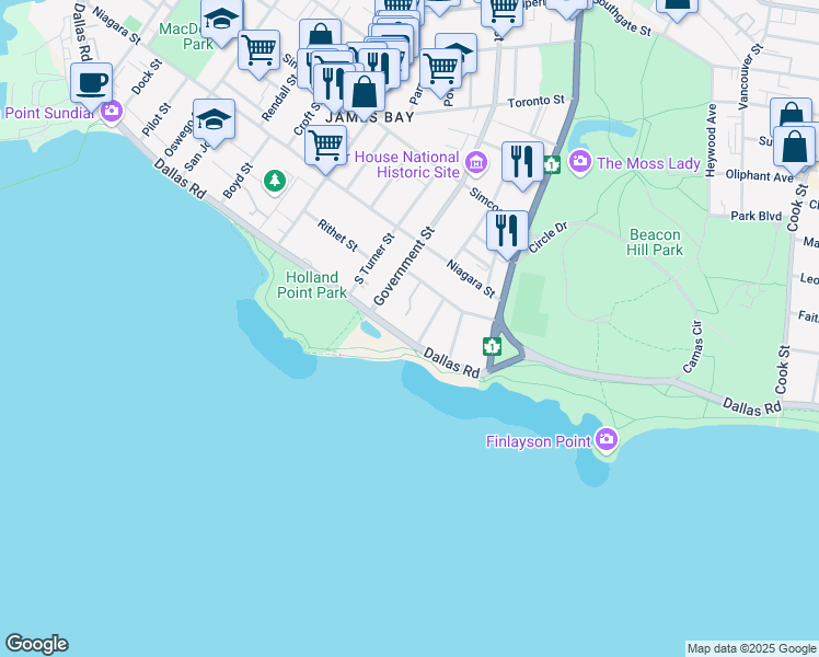 map of restaurants, bars, coffee shops, grocery stores, and more near 640 Dallas Road in Victoria