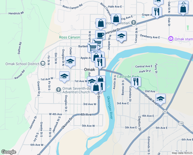 map of restaurants, bars, coffee shops, grocery stores, and more near 104 South Main Street in Omak