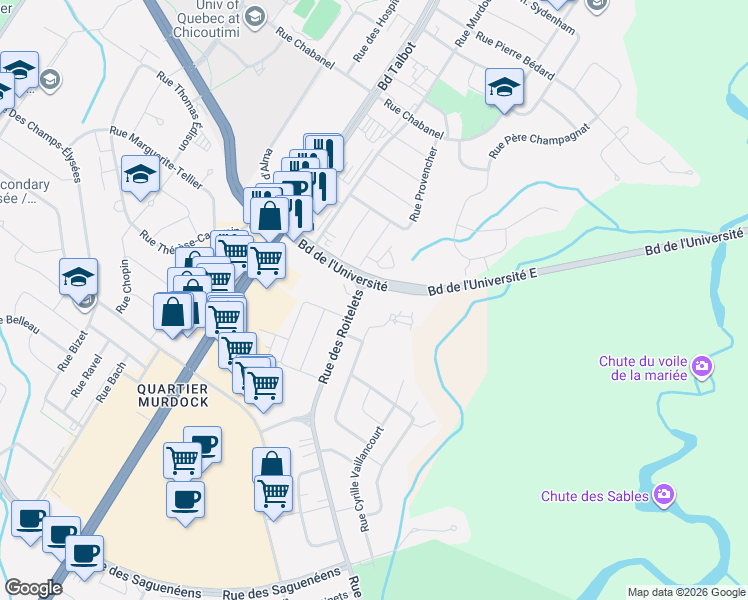 map of restaurants, bars, coffee shops, grocery stores, and more near 1101 Rue des Roitelets in Saguenay