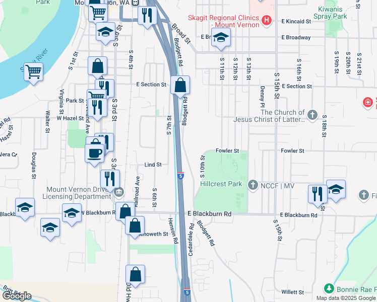 map of restaurants, bars, coffee shops, grocery stores, and more near 1610 Blodgett Road in Mount Vernon