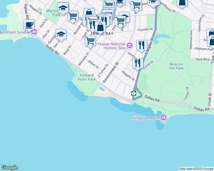 map of restaurants, bars, coffee shops, grocery stores, and more near 610 Dallas Road in Victoria