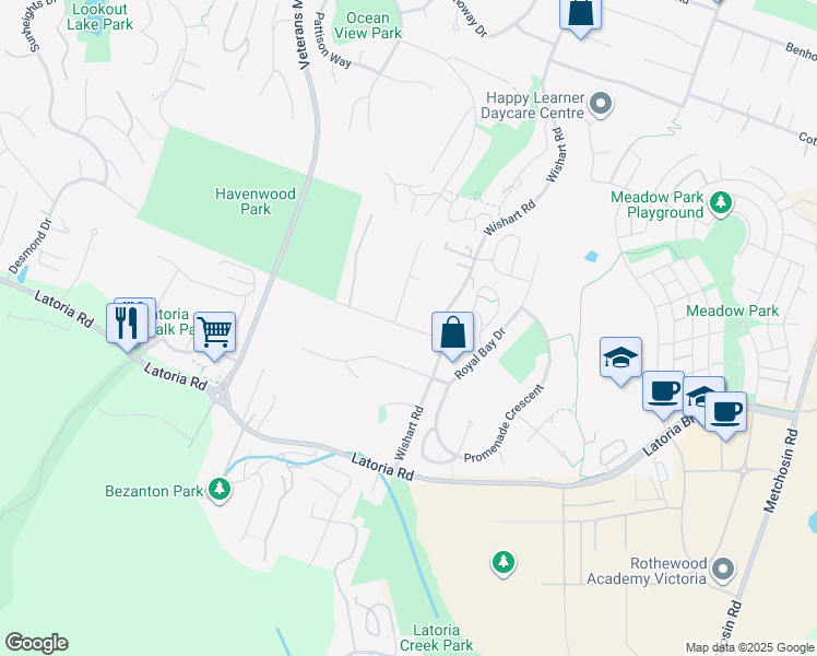 map of restaurants, bars, coffee shops, grocery stores, and more near Windthrop Road in Victoria