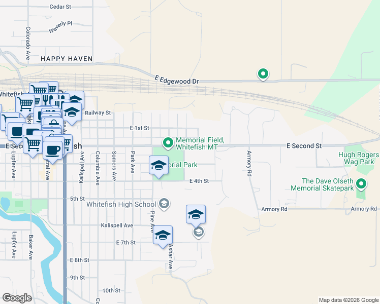 map of restaurants, bars, coffee shops, grocery stores, and more near 116 Larch Ave in Whitefish