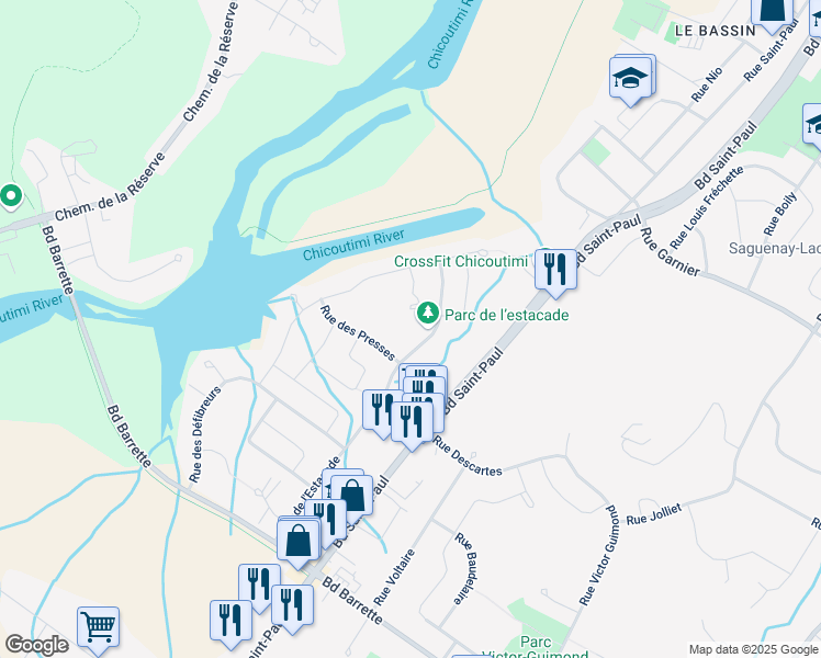 map of restaurants, bars, coffee shops, grocery stores, and more near 243 Rue Racine Est in Saguenay