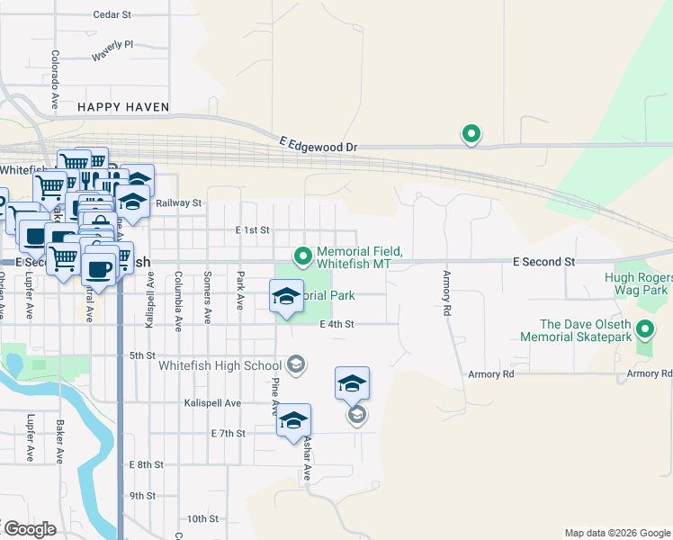map of restaurants, bars, coffee shops, grocery stores, and more near 1238 2nd Street in Whitefish