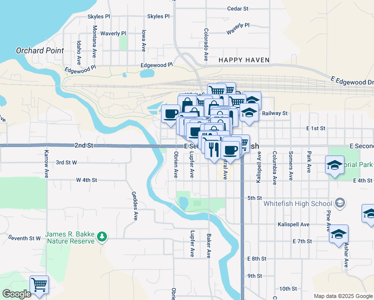 map of restaurants, bars, coffee shops, grocery stores, and more near 214 East Second Street in Whitefish